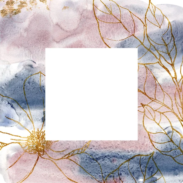 Carte abstraite aquarelle avec magnolia et feuilles. Cadre peint à la main avec des fleurs d'art en ligne et texture bleue. Illustration florale dorée pour la conception, l'impression, le tissu ou le fond . — Photo