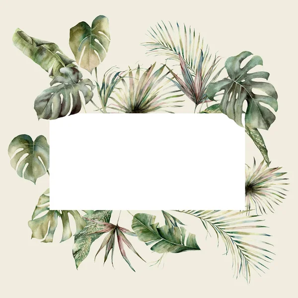モンスター、バナナ、ココナッツの葉と水色の熱帯の国境。手描きのエキゾチックな葉は白い背景に隔離されています。デザイン、プリント、ファブリックまたは背景のための花のイラスト. — ストック写真