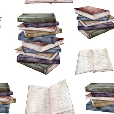 Suluboya eski kitaplar kusursuz desenler. Beyaz arka planda elle boyanmış bir yığın kitap. Tasarım, baskı, kumaş veya arkaplan çizimi.
