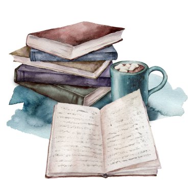Eski kitaplar ve bir fincan kahveyle suluboya kart. Beyaz arka planda elle boyanmış bir yığın kitap. Tasarım, baskı, kumaş veya arkaplan çizimi.