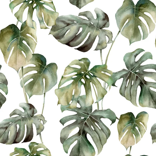 Akvarell tropiskt sömlöst mönster med monstera blad. Handmålade exotiska blad, grenar isolerade på vit bakgrund. Blommig fjäder illustration för design, tryck, tyg eller bakgrund. — Stockfoto