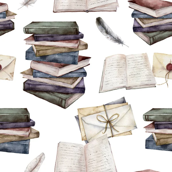 Aquarel naadloos patroon met vintage boeken en enveloppen. Met de hand geschilderde stapel boeken en veren geïsoleerd op witte achtergrond. Illustratie voor ontwerp, bedrukking, stof of achtergrond. — Stockfoto