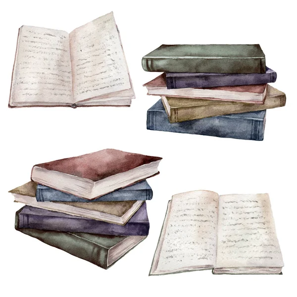 Ensemble de livres vintage aquarelle. Pile de livres peints à la main isolés sur fond blanc. Illustration pour design, impression, tissu ou fond . — Photo