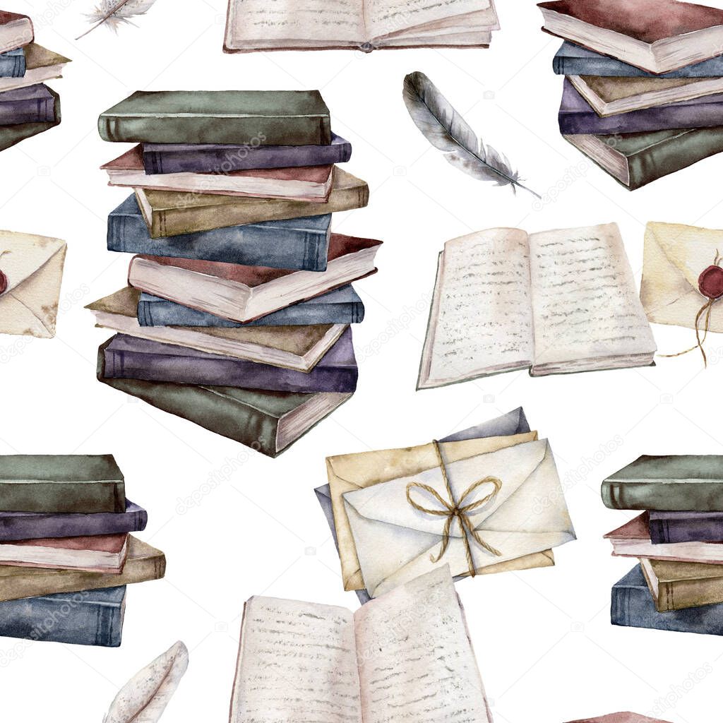 Watercolor seamless pattern with vintage books and envelopes. Hand painted stack of books and feather isolated on white background. Illustration for design, print, fabric or background.