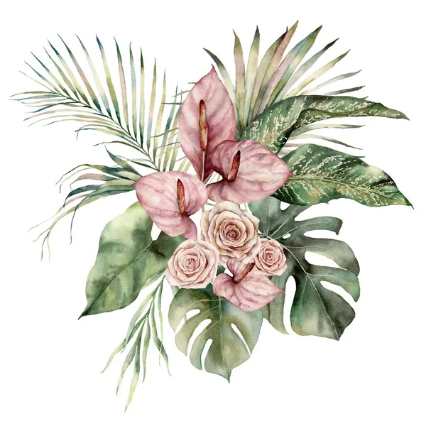 水彩缤纷的热带花束，带有刺槐、玫瑰和棕榈叶。手绘卡片，白色背景上的花朵隔离。用于设计、印刷、背景的植物图解。假日模板. — 图库照片