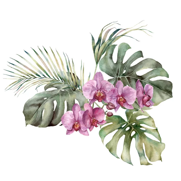 Aquarell tropischer Strauß mit Orchidee und Palmblättern. Handbemalte Karte mit Blumen und Pflanzen isoliert auf weißem Hintergrund. Florale Illustration für Design, Druck, Hintergrund. Vorlage für den Urlaub. — Stockfoto