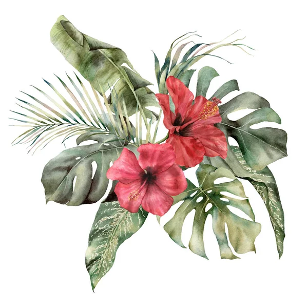 Aquarell tropisches Bouquet mit Hibiskus und Palmblättern. Handbemalte Karte mit Blumen und Pflanzen isoliert auf weißem Hintergrund. Florale Illustration für Design, Druck, Hintergrund. Vorlage für den Urlaub. — Stockfoto