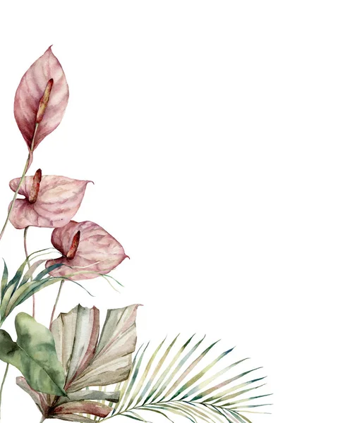 Aquarell tropische Karte mit Anthurium und Palmblättern. Handbemalter Rahmen mit Blumen und Pflanzen isoliert auf weißem Hintergrund. Florale Illustration für Design, Druck, Hintergrund. Einladungsvorlage. — Stockfoto