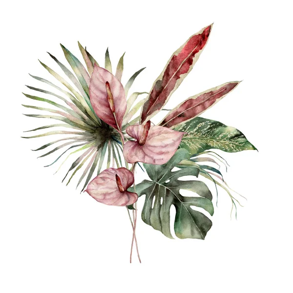 水彩斑斓的热带花束，带有刺槐和棕榈叶。手绘卡片，白色背景上的花朵隔离。用于设计、印刷、背景的植物图解。假日模板. — 图库照片