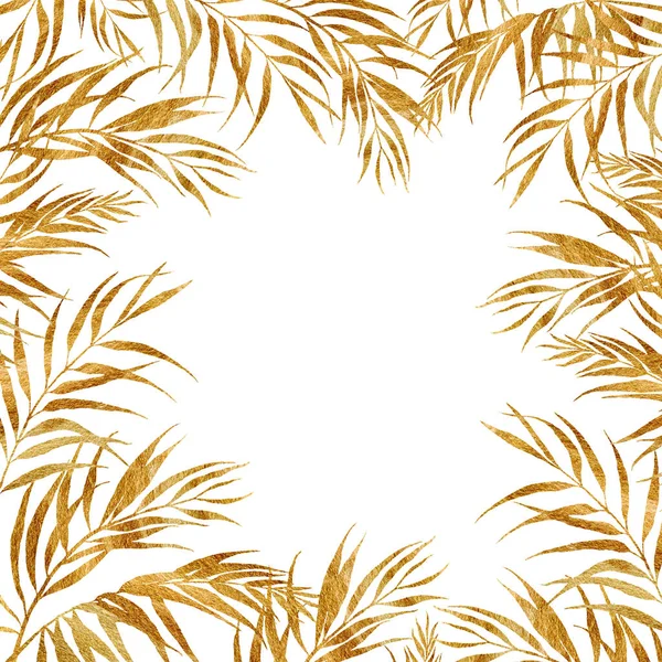 황금빛 코코넛 잎으로 덮여 있는 열대 수채 색이다. 손으로 흰 배경에 독특 한 나뭇잎을칠 하였다. 디자인, 인쇄, 직물, 배경을 위한 식물상 삽화. 휴일 프레임. — 스톡 사진