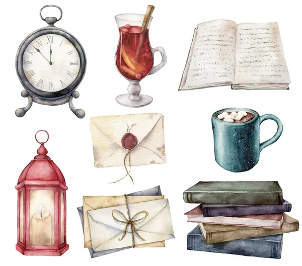 Tarjeta de acuarela con libros antiguos, sobres, vino caliente y taza de café. Linterna pintada a mano y reloj de mesa aislado sobre fondo blanco. Ilustración para diseño, impresión, tela o fondo . —  Fotos de Stock