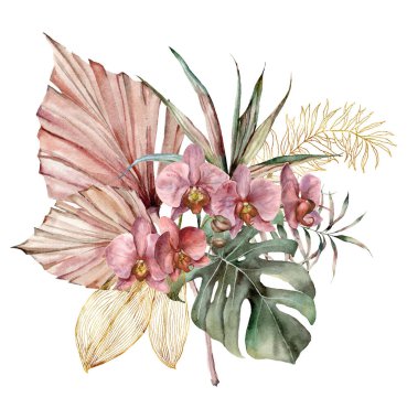 Orkide, canavar ve altın dallı suluboya buket. Beyaz arka planda çiçekli ve yapraklı el yapımı tropikal kart. Tasarım, baskı ve arkaplan için çiçek çizimi.