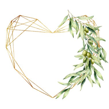Yeşil zeytinli ve dallı suluboya altın kalp. Beyaz arka planda yapraklar ve böğürtlenlerle el yapımı çerçeve. Aşkın botanik çizimi. Tasarım için karşılama şablonu.