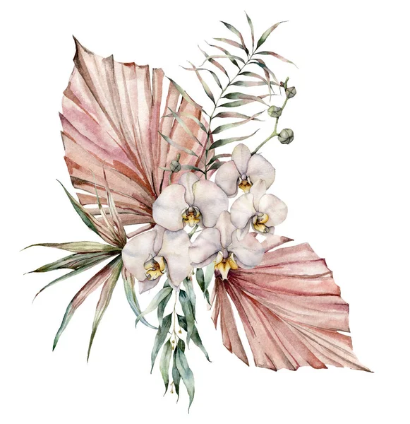 Aquarellstrauß mit weißer Orchidee und Eukalyptus. Handbemalte tropische Karte mit Blumen, Zweigen und Blättern auf weißem Hintergrund. Florale Illustration für Design, Druck oder Hintergrund. — Stockfoto