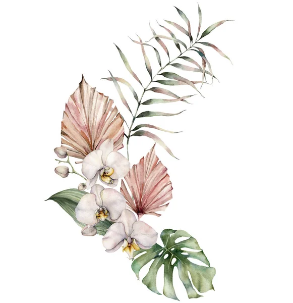 蘭、モンステラ、ユーカリの枝を持つ水彩花束。白い背景に花や葉が孤立した熱帯カードを手描き。花のイラスト-デザイン、プリント、背景. — ストック写真