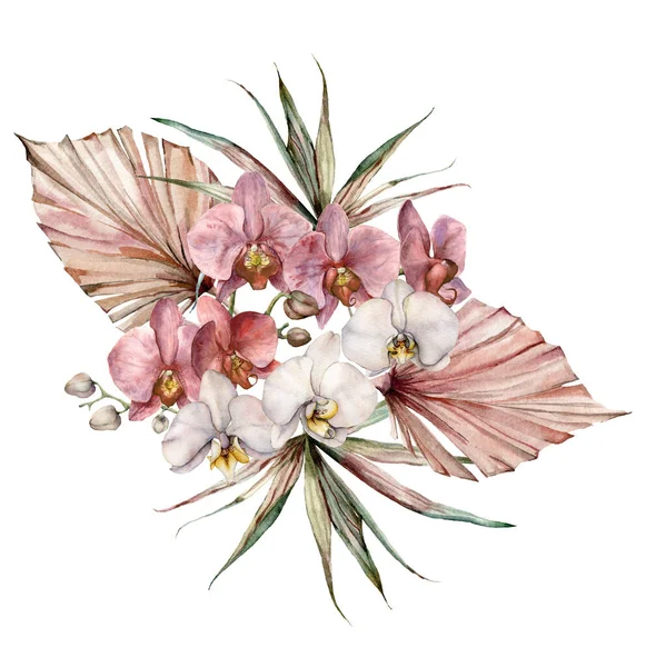Bouquet acquerello con orchidee bianche e rosa, foglie di palma. Carta tropicale dipinta a mano con fiori e rami isolati su sfondo bianco. Illustrazione floreale per design, stampa, sfondo . — Foto Stock