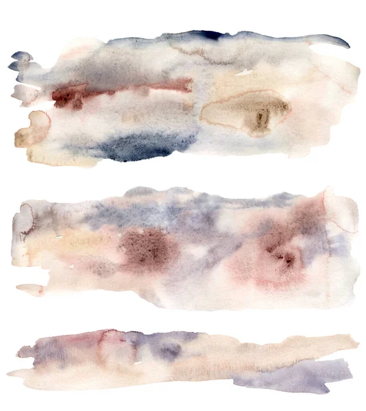 Aquarel abstracte set met blauwe, roze en beige vlekken. Met de hand geschilderde pastel illustratie geïsoleerd op witte achtergrond. Voor ontwerp, bedrukking, stof of ondergrond. — Stockfoto