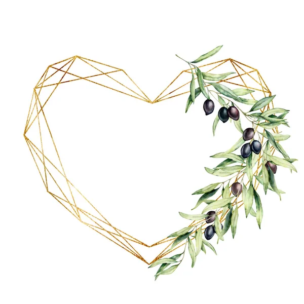 Akwarela wielokątne złote serce z czarnymi oliwkami i gałęziami. Ręcznie rysowana rama z liśćmi i jagodami na białym tle. Botaniczna ilustracja miłości. Wzór powitania dla projektu. — Zdjęcie stockowe