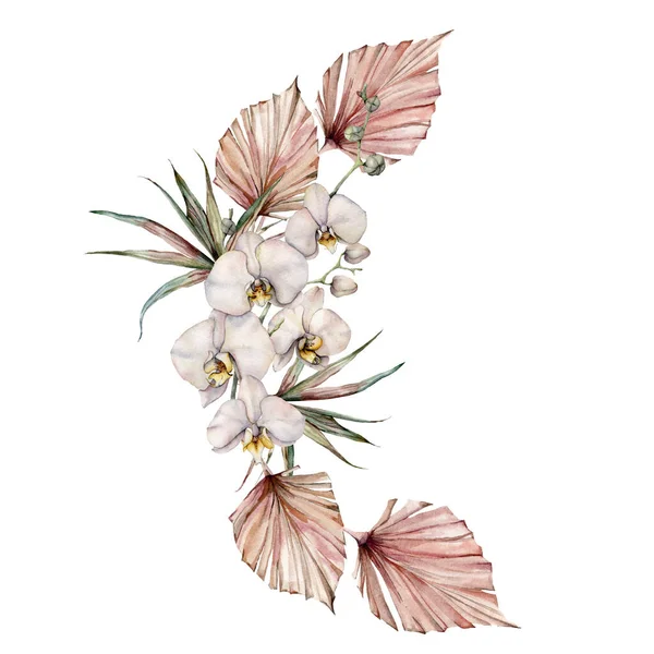 Ghirlanda di acquerello con orchidee bianche e foglie di palma. Carta tropicale dipinta a mano con fiori, foglie secche e rami isolati su sfondo bianco. Illustrazione floreale per design, stampa, sfondo . — Foto Stock