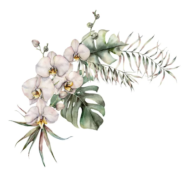 Aquarell florale Bordüre mit Orchideen-, Monstera- und Eukalyptuszweigen. Handbemalte tropische Karte mit Blumen und Blättern isoliert auf weißem Hintergrund. Illustration für Design, Druck oder Hintergrund. — Stockfoto