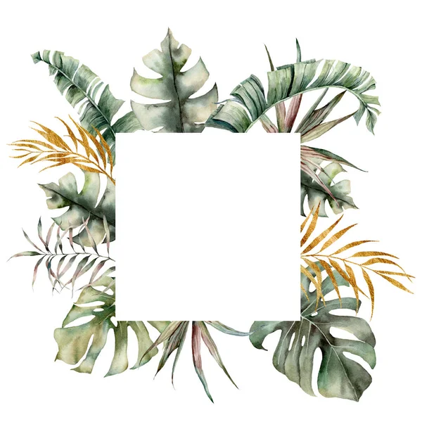 Cadre tropical aquarelle avec feuilles de palmier vert, or et monstère. Feuilles de noix de coco et de banane exotiques peintes à la main isolées sur fond blanc. Illustration florale pour la conception, l'impression ou le fond . — Photo
