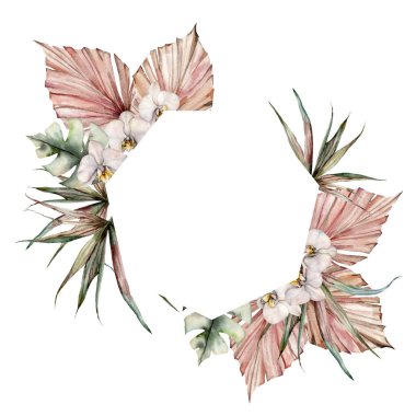 Beyaz orkideli suluboya çelenk ve kuru palmiye yaprakları. Beyaz arka planda çiçekli ve dallı el boyaması tropikal bir kart. Tasarım, baskı ve arkaplan için çiçek çizimi.