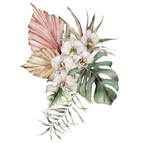 난초 , 몬스 테라 , 유우 칼리 나무 가지 및 마른 잎사귀들이 있는 수채화들 이다. 손에는 열 대 지방 카드에 흰색 배경에 꽃 이 고립되어 있었습니다. 설계, 인쇄물, 배경에 대한 식물상의 삽화. — 스톡 사진