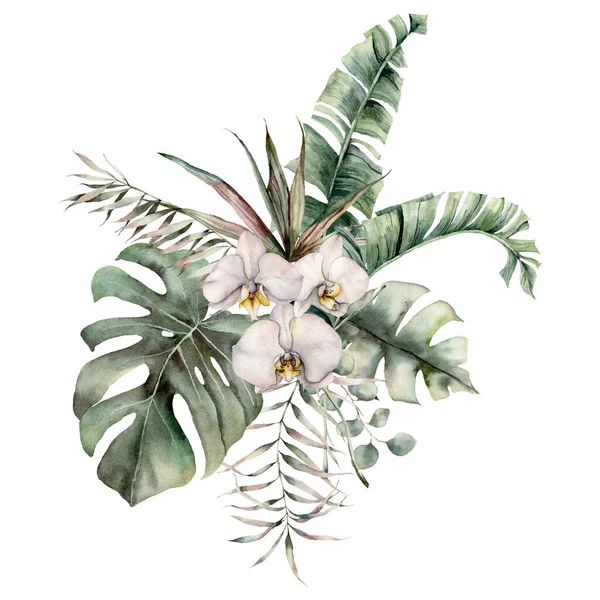 Aquarellstrauß mit Orchideen-, Monstera- und Eukalyptuszweigen. Handbemalte tropische Karte mit Blumen und Blättern isoliert auf weißem Hintergrund. Florale Illustration für Design, Druck oder Hintergrund. — Stockfoto
