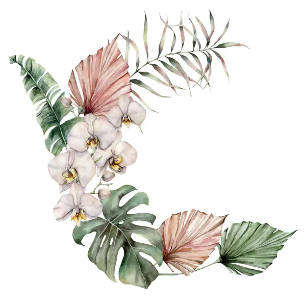 Aquarellkranz mit weißen Orchideen, Monstera und Palmblättern. Handbemalte tropische Karte mit Blumen und Zweigen isoliert auf weißem Hintergrund. Florale Illustration für Design, Druck, Hintergrund. — Stockfoto
