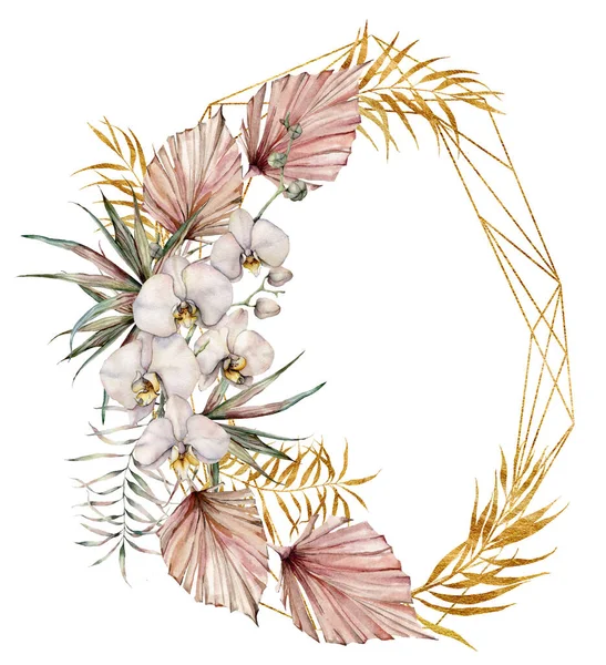 Orkideler ve kuru yapraklarla suluboya altın çerçeve. Beyaz arka planda izole edilmiş çiçekli el boyalı tropikal kart. Tasarım, baskı ve arkaplan için çiçek çizimi. Yaz şablonu.