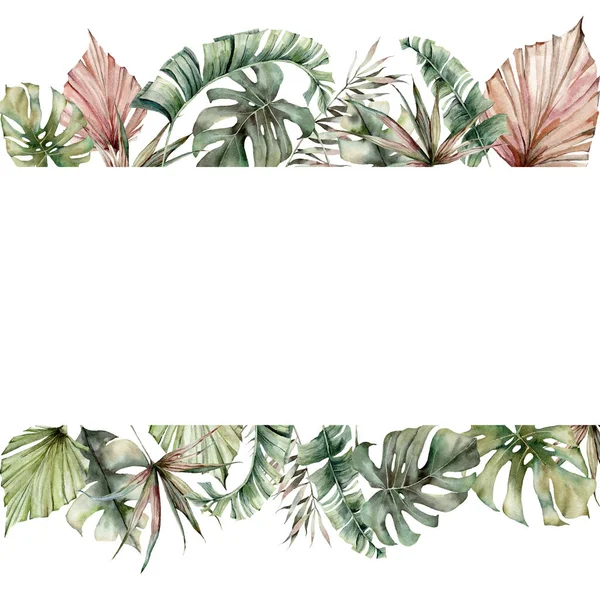 Aquarelle frontière tropicale avec des feuilles de palmier et de mostera. Bannière peinte à la main avec une verdure exotique isolée sur fond blanc. Illustration florale pour la conception, l'impression ou le fond. Cadre d'été . — Photo