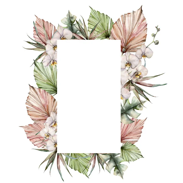 Υδατογραφία τροπικό πλαίσιο με λευκές ορχιδέες και φύλλα φοίνικα. Χέρι ζωγραφισμένα εξωτικά λουλούδια και ξηρά φύλλα απομονώνονται σε λευκό φόντο. Floral εικονογράφηση για σχεδιασμό, εκτύπωση ή φόντο. Κάρτα ανοίγματος. — Φωτογραφία Αρχείου