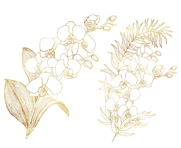 Bukiet sztuki linii akwareli ze złotymi orchideami. Ręcznie malowana karta tropikalna z kwiatami, gałęziami i liśćmi palmowymi na białym tle. Ilustracja kwiatowa do projektowania, drukowania lub tła. — Zdjęcie stockowe