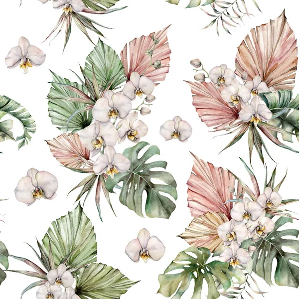 Akvarell sömlöst mönster med orkidé, monstera och palmblad. Handmålade tropiska blommor och grenar isolerade på vit bakgrund. Blommig illustration för design, tryck eller bakgrund. — Stockfoto