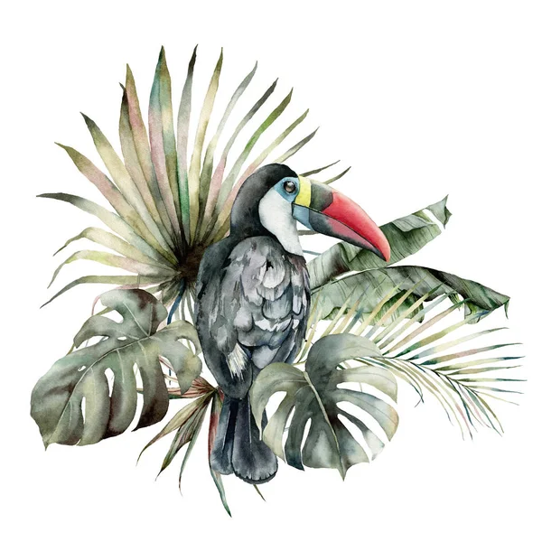Akvarell tropiskt kort med toucan och palmblad. Handritad banan, kokos och monstera blad. Blommig illustration isolerad på vit bakgrund för design, tryck eller bakgrund. Sommarmall. — Stockfoto