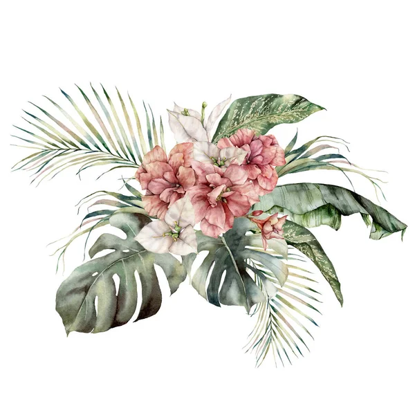 Watercolor bouquet with hibiscus, bougainvillea and palm leaves. Hand painted tropical card with flowers and leaves isolated on white background. Floral illustration for design, print or background. — Stock Photo, Image