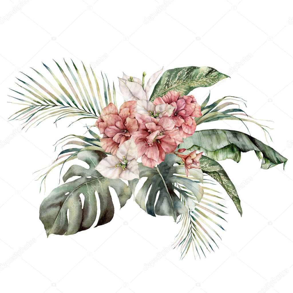 Watercolor bouquet with hibiscus, bougainvillea and palm leaves. Hand painted tropical card with flowers and leaves isolated on white background. Floral illustration for design, print or background.