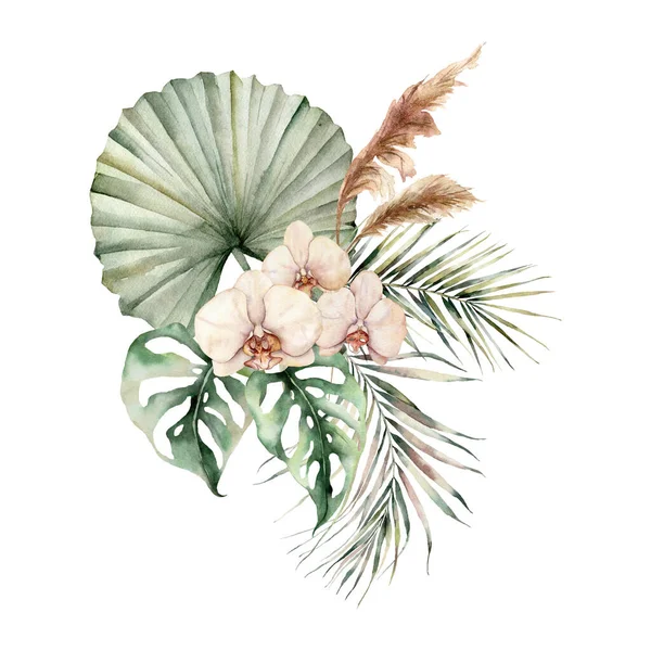 Acuarela ramo tropical con orquídeas y hojas de palma. Flores pintadas a mano, hojas de coco y de monstera, hierba de pampas. Ilustración floral aislada sobre fondo blanco para diseño, impresión . —  Fotos de Stock