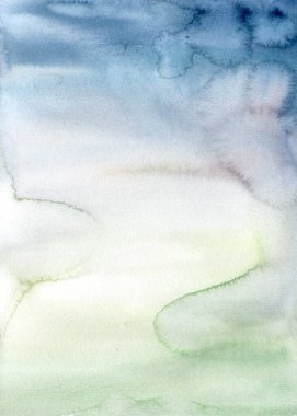 Koyu mavi, yeşil ve beyaz lekeli suluboya arkaplan. El boyaması pastel çizimler. Tasarım, baskı, kumaş veya arkaplan için.