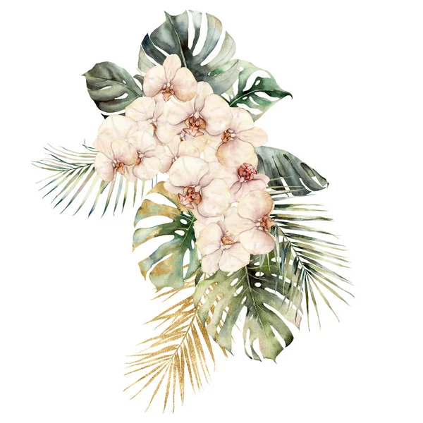 Ramo de acuarela con orquídeas, monstera y hojas doradas de coco. Tarjeta tropical pintada a mano con flores aisladas sobre fondo blanco. Ilustración floral para diseño, impresión o fondo . — Foto de Stock