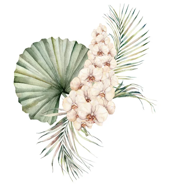 Akvarell bukett med persika orkidéer och kokosblad. Handmålat tropiskt kort med blommor och palmkvistar isolerade på vit bakgrund. Blommig illustration för design, tryck eller bakgrund. — Stockfoto