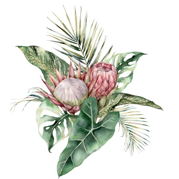 Aquarel tropische kaart met koning en koningin proteas, palm en monstera bladeren. Met de hand geschilderd roze bloemen en bladeren. Bloemen illustratie geïsoleerd op witte achtergrond voor ontwerp, print, achtergrond. — Stockfoto