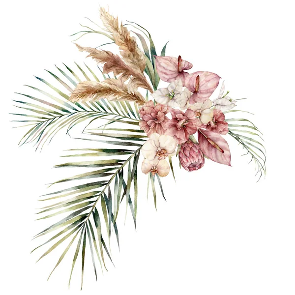 Buket tropis berwarna air dengan Ratu protea, hibiscus, anthurium, bougainvillea dan anggrek. Tangan dicat bunga terisolasi pada latar belakang putih. Ilustrasi Floral untuk desain, cetak atau latar belakang. — Stok Foto