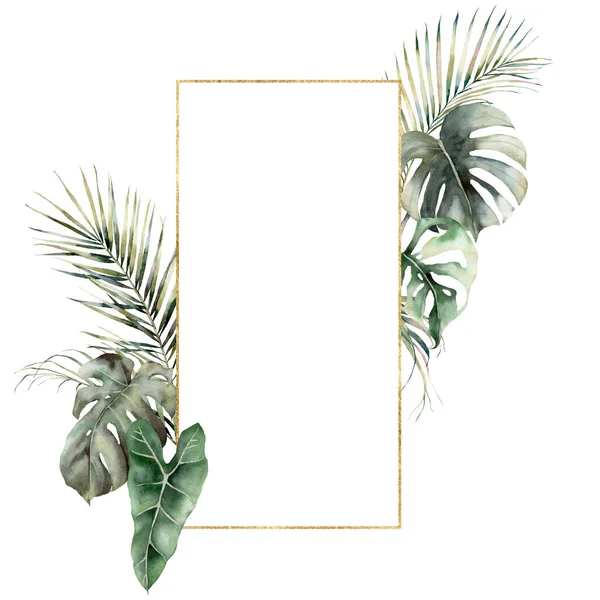 Moldura dourada aquarela com monstera e folhas de palma. Cartão tropical pintado à mão com philodendron isolado sobre fundo branco. Ilustração floral para desenho, impressão ou fundo. Modelo de verão . — Fotografia de Stock