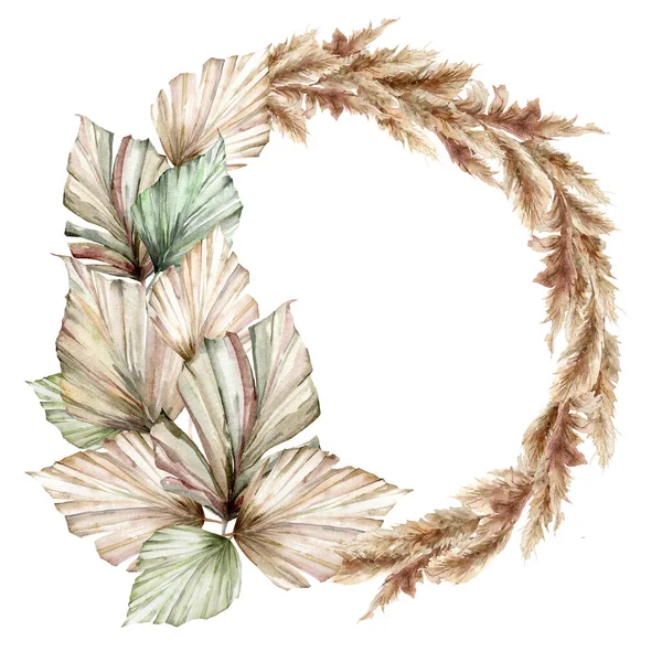 Αδιάβροχο τροπικό στεφάνι με ξερά φύλλα φοίνικα και πάμπας. Ζωγραφισμένα στο χέρι εξωτικά φύλλα που απομονώνονται σε λευκό φόντο. Floral εικονογράφηση για σχεδιασμό, εκτύπωση, ύφασμα ή φόντο. — Φωτογραφία Αρχείου