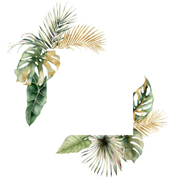 Aquarel frame met monstera en gouden palmbladeren. Handgeschilderde tropische kaart met filodendron geïsoleerd op witte achtergrond. Bloemen illustratie voor ontwerp, print of achtergrond. Zomer template. — Stockfoto