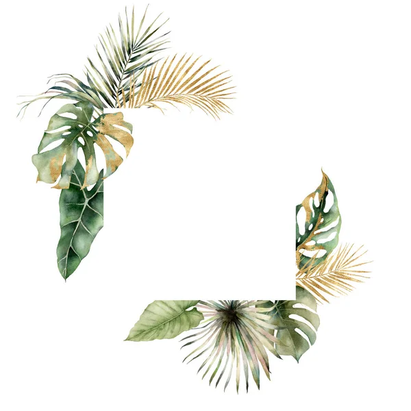 Moldura aquarela com monstera e folhas de palma dourada. Cartão tropical pintado à mão com philodendron isolado sobre fundo branco. Ilustração floral para desenho, impressão ou fundo. Modelo de verão . — Fotografia de Stock