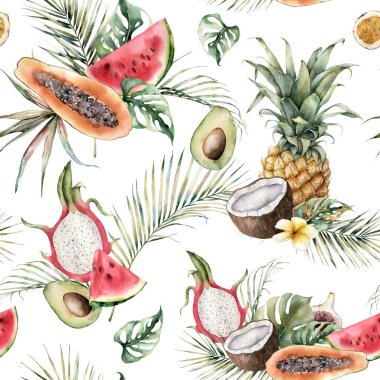 Ananas, papaya, ejderha meyvesi, karpuz ve hindistan cevizli suluboya dikişsiz desen. Beyaz arka planda elle boyanmış meyveler. Tasarım, baskı ve arkaplan için çiçek çizimi.