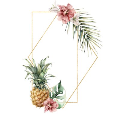 Ananas, ambar, begonvil ve palmiye yapraklı suluboya altın çerçeve. Beyaz arka planda izole edilmiş çiçekli el boyalı tropikal kart. Tasarım, baskı ve arkaplan için çiçek çizimi.