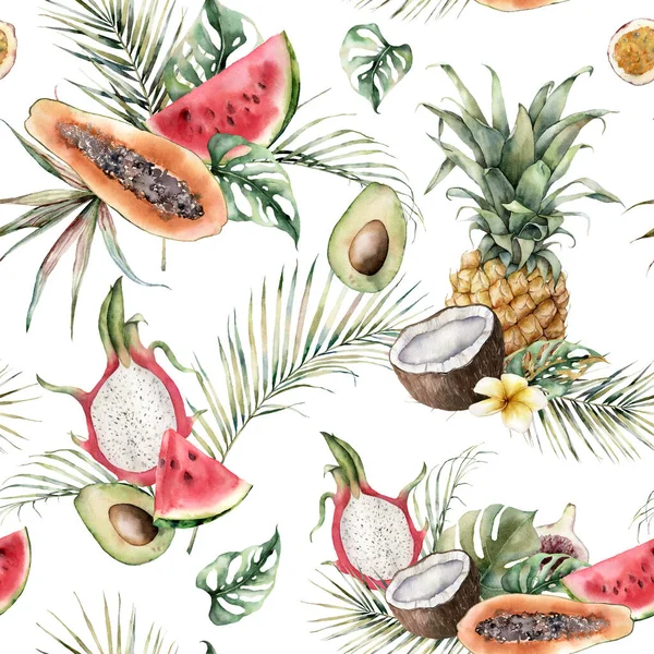 Akvarell tropiskt sömlöst mönster med ananas, papaya, drakfrukt, vattenmelon och kokos. Handmålade frukter isolerade på vit bakgrund. Blommig illustration för design, tryck, bakgrund. — Stockfoto